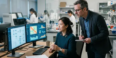 A bioinformatics lead and a lab manager evaluate genomic analysis software on two monitors, illustrating the procurement decision between commercial and open-source options.