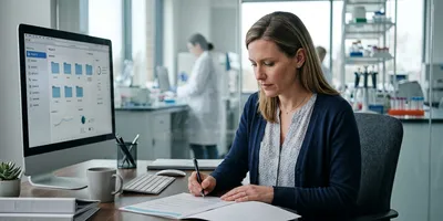 A data manager reviews a printed retention policy document beside a genomics lab, illustrating the written policy that governs what sequencing data to keep, back up, archive, and delete.
