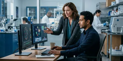 A bioinformatics analyst works at dual monitors while a lab manager consults with him, illustrating the staffing decision for genomic data analysis.