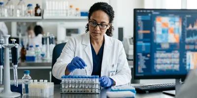 A clinical scientist handles a rack of reference-sample tubes at a bench, illustrating the characterized reference materials that anchor analytical validation of a clinical sequencing assay.