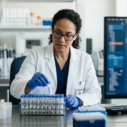 A clinical scientist handles a rack of reference-sample tubes at a bench, illustrating the characterized reference materials that anchor analytical validation of a clinical sequencing assay.