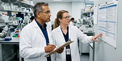 A laboratory director and manager review an accreditation checklist in a clinical molecular laboratory, illustrating the CLIA, CAP, and ISO 15189 requirements a sequencing lab must meet.