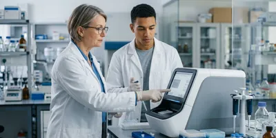 An experienced trainer guides a technician through operating a benchtop sequencer, illustrating the hands-on onboarding and cross-training that keep a sequencing lab running.