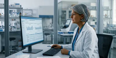 A quality manager reviews a proficiency-testing results report at her desk, illustrating the external quality assessment and failure-investigation process for a sequencing laboratory.