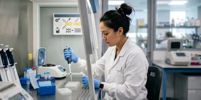 A technician works at a dedicated clean pre-amplification bench separated from a post-amplification area, illustrating the unidirectional workflow that prevents amplicon contamination.