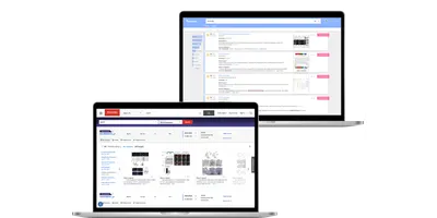 Two laptop screens display the Bioz search platform and a vendor product page featuring an embedded Bioz Badge with citation data and image galleries.