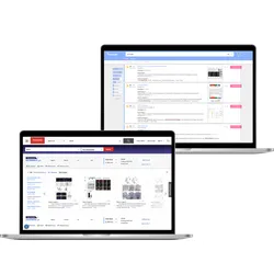 Two laptop screens display the Bioz search platform and a vendor product page featuring an embedded Bioz Badge with citation data and image galleries.