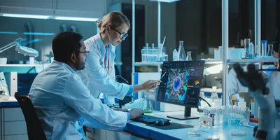 Female Research Scientist with Bioengineer Working on a Personal Computer with Screen Showing Virus Analysis Software User Interface