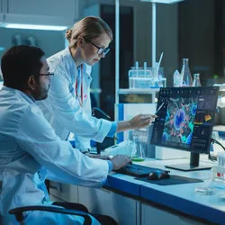 Female Research Scientist with Bioengineer Working on a Personal Computer with Screen Showing Virus Analysis Software User Interface