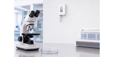 Vaisala Origo10 cleanroom monitoring transmitter wall-mounted in a laboratory, with live temperature and humidity readings on display.
