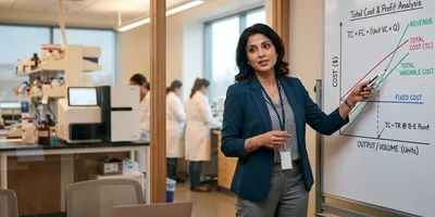 A lab manager explains a cost curve on a whiteboard with a genomics laboratory visible behind her, illustrating how to build the case for an NGS program.