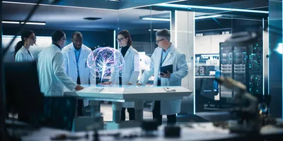 Lab team discussing AI strategy with holographic brain display