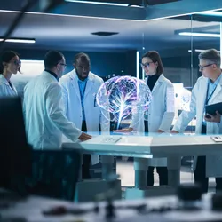 Lab team discussing AI strategy with holographic brain display