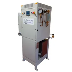 A Collins Walker ELV electric steam boiler with pressure gauge, copper pipework, touchscreen controller, and sight glass on a grey steel enclosure for laboratory steam sterilization.