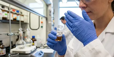 researcher using wafting technique on an open vial