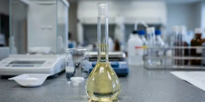 A volumetric flask viewed at eye level with the liquid meniscus resting on the calibration mark, an analytical balance and stirring beaker behind it
