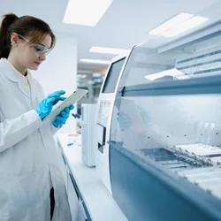 Laboratory professional using a tablet in a clinical lab.