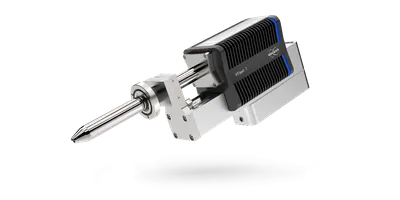 Bruker XFlash 7 energy dispersive X-ray spectroscopy detector with finned heat-sink body, blue accent lighting, and pointed probe, shown on white background.