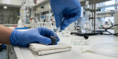 Gloved hands gripping glass tubing close to the rubber stopper it is entering, with a ready-made plastic barbed fitting and flexible tubing on the bench alongside