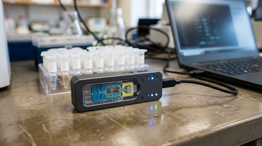 A compact portable nanopore sequencing device with a loaded consumable cartridge, connected to a laptop on a laboratory bench