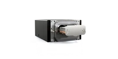Front-left view of the Thermo Scientific EMPAD G2 electron detector, a rectangular black instrument housing with a retracted detector arm visible.