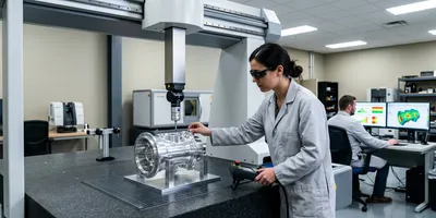 A metrology technician operates a coordinate measuring machine with a quality data dashboard in the background, illustrating connected manufacturing quality inspection workflows.