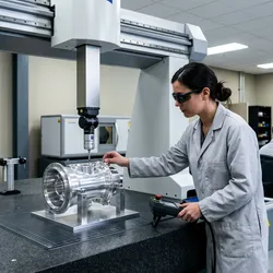 A metrology technician operates a coordinate measuring machine with a quality data dashboard in the background, illustrating connected manufacturing quality inspection workflows.