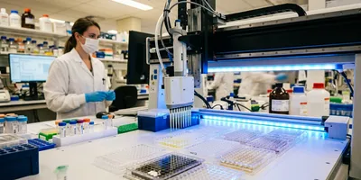 Robotic multi-channel liquid handler dispensing into 96-well plates for enzymatic DNA synthesis, with a scientist monitoring at a computer in the background.