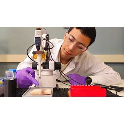 Researcher in white lab coat and purple gloves positions an STEi probe above a tilapia fillet for LC-MS sample preparation testing at Purdue's Bindley Bioscience Center.