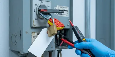A padlocked lockout device fitted to a laboratory equipment disconnect switch, with a gloved hand using a voltage tester on the terminals below it