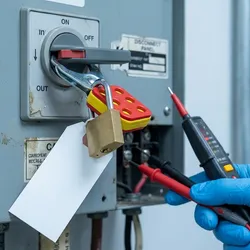A padlocked lockout device fitted to a laboratory equipment disconnect switch, with a gloved hand using a voltage tester on the terminals below it