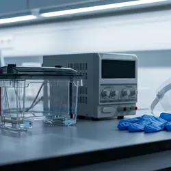 An electrophoresis buffer tank and powered-off electrical supply on a lab bench, next to blue nitrile gloves and a UV-rated face shield.