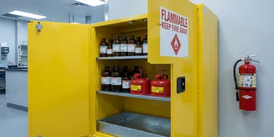 An open laboratory flammables storage cabinet holding amber solvent bottles and red safety cans, with a wall-mounted fire extinguisher alongside