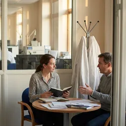 Two colleagues seated at a round table in a glass-walled laboratory office, one listening with a notebook while the other speaks