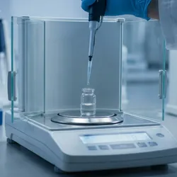 A gloved hand dispensing water from a micropipette into a weighing vessel on an analytical balance, with a pipette rack and thermometer behind