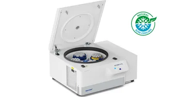 Eppendorf Centrifuge 5811 R benchtop refrigerated centrifuge open lid showing swing-bucket rotors loaded with tubes and R290 natural cooling badge