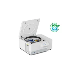 Eppendorf Centrifuge 5811 R benchtop refrigerated centrifuge open lid showing swing-bucket rotors loaded with tubes and R290 natural cooling badge