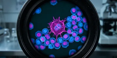 3D illustration of a pink cancer cell with radiating projections surrounded by blue immune cells, visualising targets studied via super-resolution microscopy.