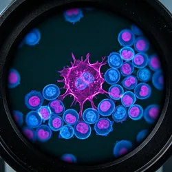 3D illustration of a pink cancer cell with radiating projections surrounded by blue immune cells, visualising targets studied via super-resolution microscopy.