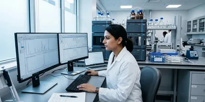 A biopharmaceutical scientist analyzes SEC-MALS and LC-MS biotherapeutic analysis data on a laboratory CDS workstation.