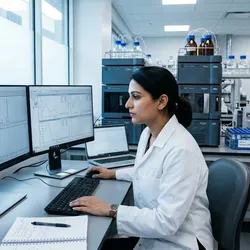 A biopharmaceutical scientist analyzes SEC-MALS and LC-MS biotherapeutic analysis data on a laboratory CDS workstation.