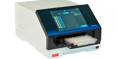 The Thermo Scientific Multiskan Ease ELISA plate reader on a white background, showing the 8-inch touchscreen interface with plate layout visible and a loaded 96-well microplate in the instrument drawer.