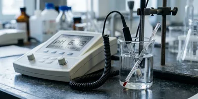 A benchtop resistivity meter connected to a conductivity cell submerged in a beaker of water, with a thermometer probe alongside