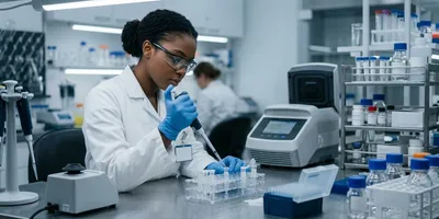 A researcher in a white lab coat and blue gloves pipettes liquid into microcentrifuge tubes at a bench, with a thermal cycler and reagent racks visible in a modern molecular biology laboratory.