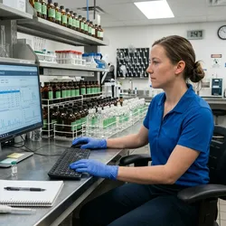 A water utility technician reviews a compliance tracking dashboard on a desktop monitor, with rows of labeled sample bottles lining the bench behind her.