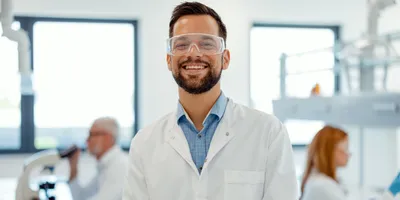 male clinical lab manager standing and smiling in lab