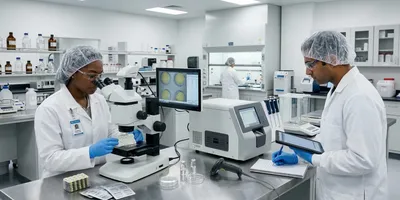 Two laboratory technicians wearing hairnets, safety glasses, and blue gloves inspect pharmaceutical blister packs using a microscope inside a clean cGMP quality control laboratory.