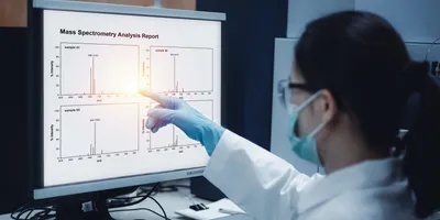 Lab technician interacting with mass spectrometry analysis report.
