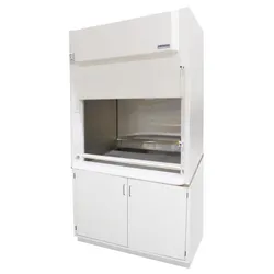 HEMCO UniFlow perchloric acid fume hood with open sash, stainless steel interior, and base cabinet, designed for safe heated perchloric acid lab procedures.