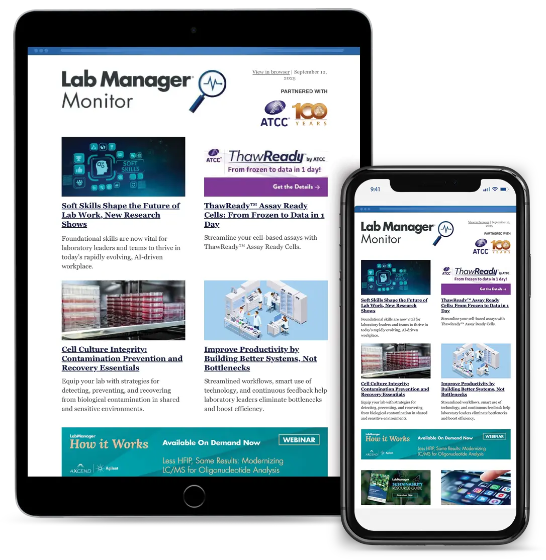 Lab Manager Newsletter displayed on tablet and phone